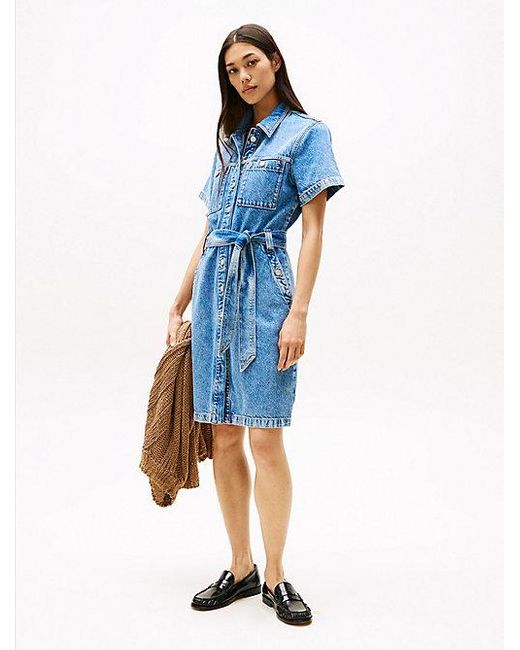 Vestido Vaquero Corto Con Cinturón Anudable Tommy Hilfiger de color Blue