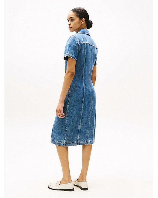 Tommy Hilfiger Midi Denim Overhemdjurk Met Korte Mouwen in het Blue