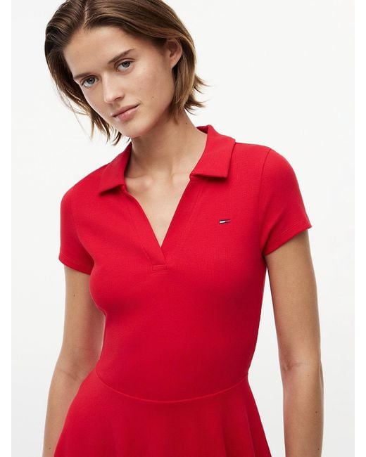Tommy Hilfiger Red Ribbed Fit And Flare Mini Polo Dress