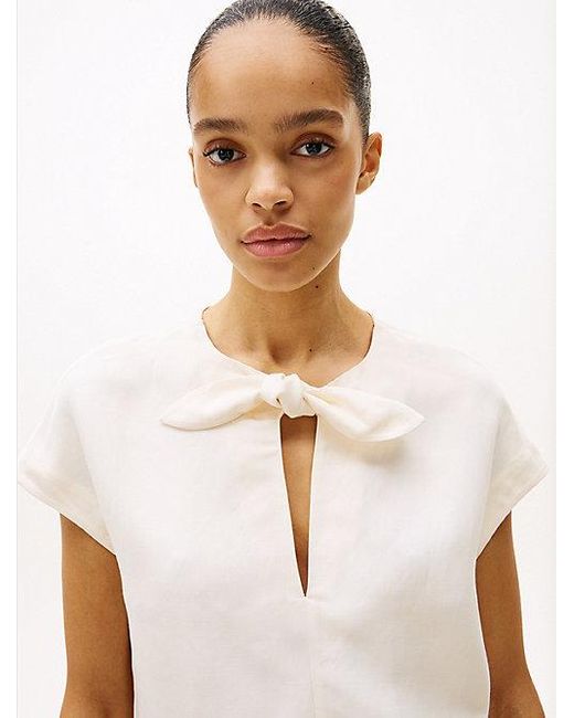 Tommy Hilfiger White Regular Fit Bluse Mit Bindeband Am Ausschnitt