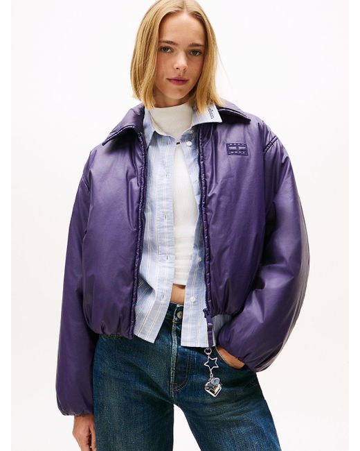 Tommy Hilfiger Purple Shiny Relaxed Padded Bomber Jacket