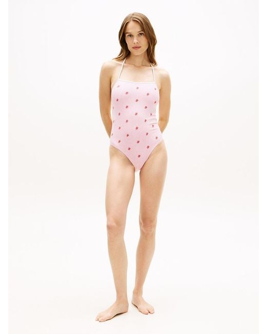 Tommy Hilfiger Pink Seersucker Logo Embroidery Halterneck Swimsuit