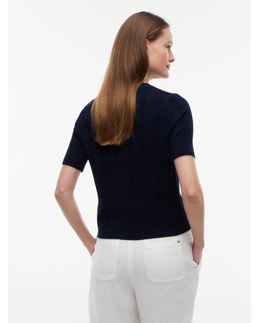 Tommy Hilfiger Blue Pointelle-Tone Button Short Sleeve Cardigan