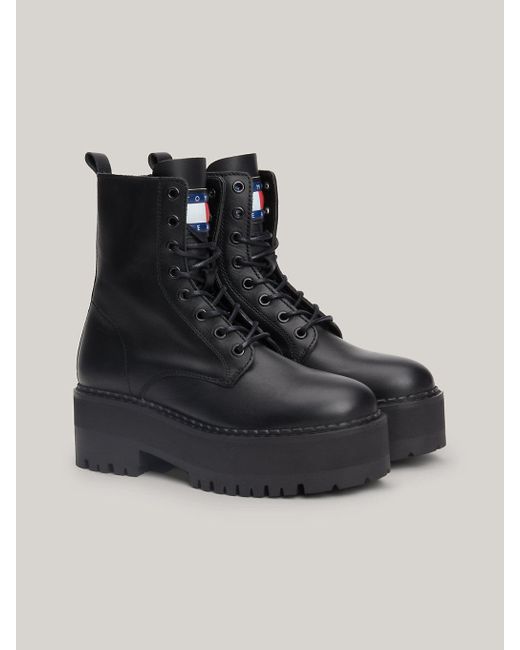 Tommy Hilfiger Black Leather Lace-up Cleat Ankle Boots