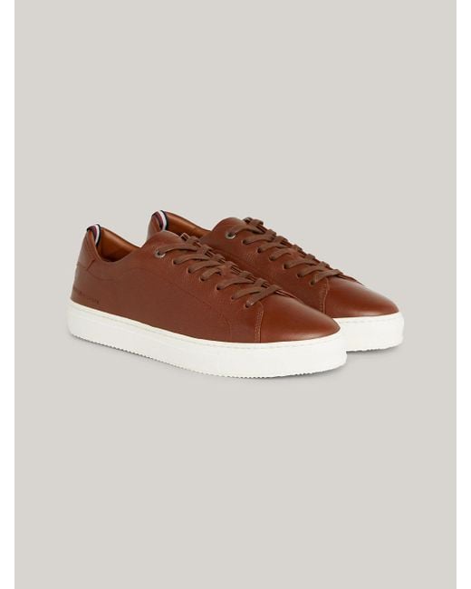Tommy Hilfiger Brown Premium Pebble Grain Leather Cupsole Trainers for men