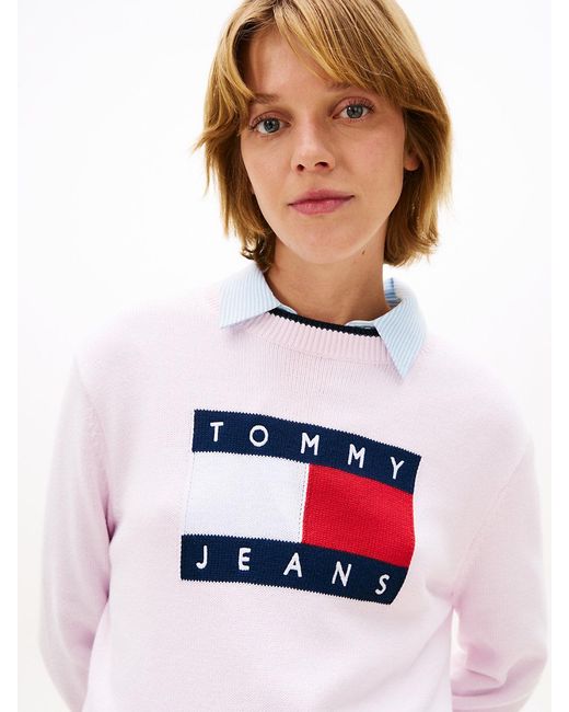 Tommy Hilfiger White Intarsia Flag Badge Tipped Relaxed Jumper