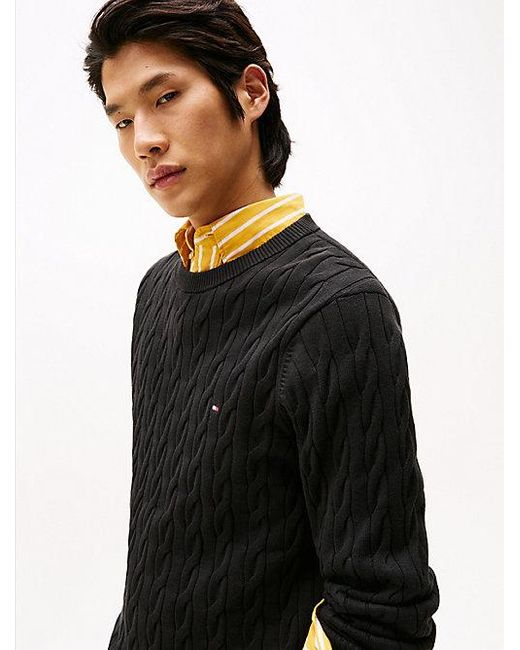 Jersey De Punto Trenzado Con Cuello Redondo Tommy Hilfiger de hombre de color Black