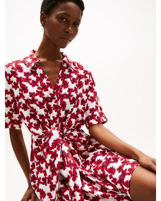 Robe Chemise Courte Texturée À Nœud Tommy Hilfiger en coloris Red