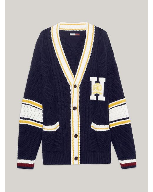 Tommy Hilfiger Blue Crest Embroidery Mixed Knit Letterman Cardigan for men