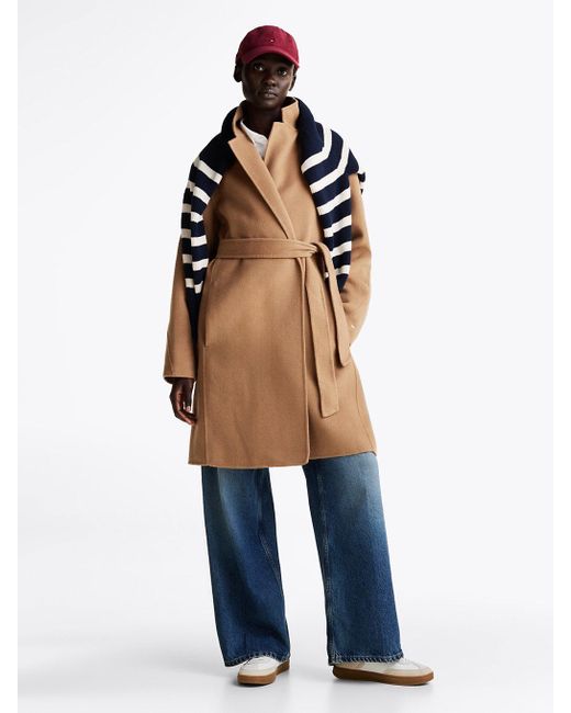 Tommy Hilfiger Brown Double Faced Wool Blend Belted Coat