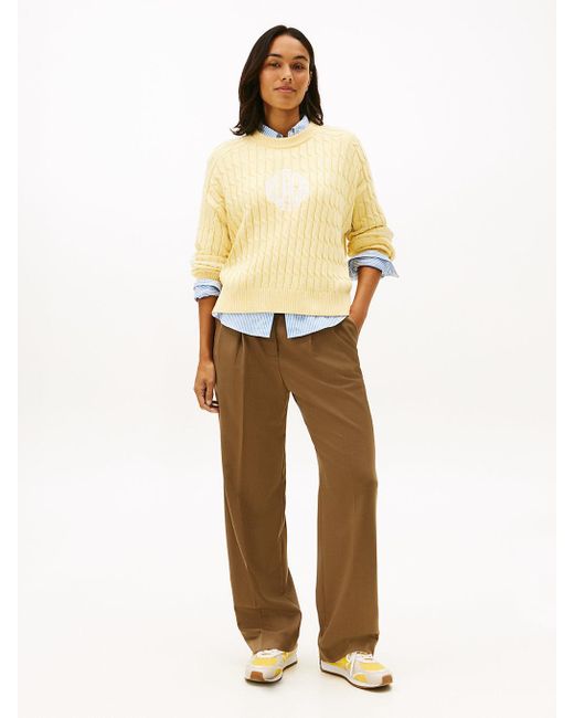Tommy Hilfiger Yellow Logo Embroidery Relaxed Cable Knit Jumper