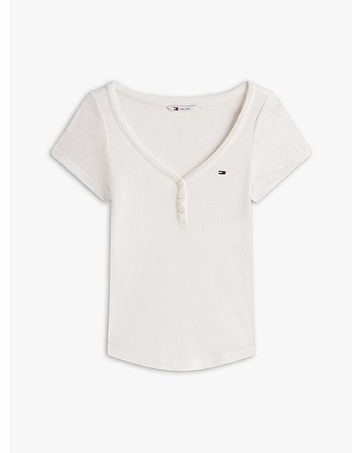 Camiseta De Punto Gofrado Con Cuello Henley Tommy Hilfiger de color White