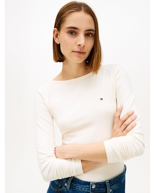 Tommy Hilfiger White Ribbed Slim Boat Neck Long Sleeve T-Shirt