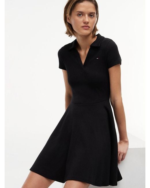 Tommy Hilfiger Black Ribbed Fit And Flare Mini Polo Dress