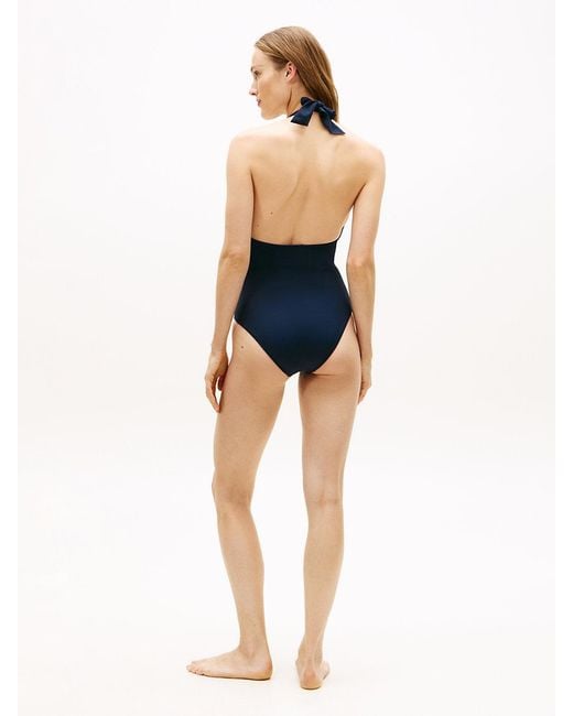 Tommy Hilfiger Blue Global Stripe Plunge Halterneck Swimsuit