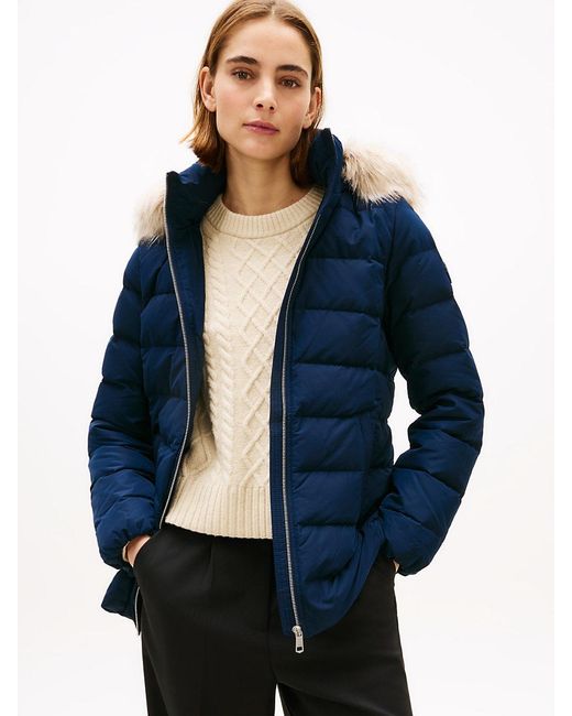 Tommy Hilfiger Blue Faux Fur Hood Down Puffer Jacket