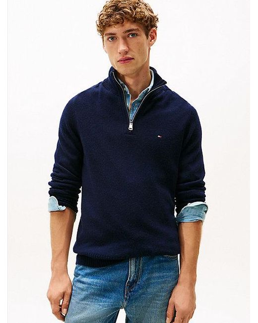 Tommy Hilfiger Wollen Trui Met Opstaande Hals En Halve Rits in het Blue voor heren