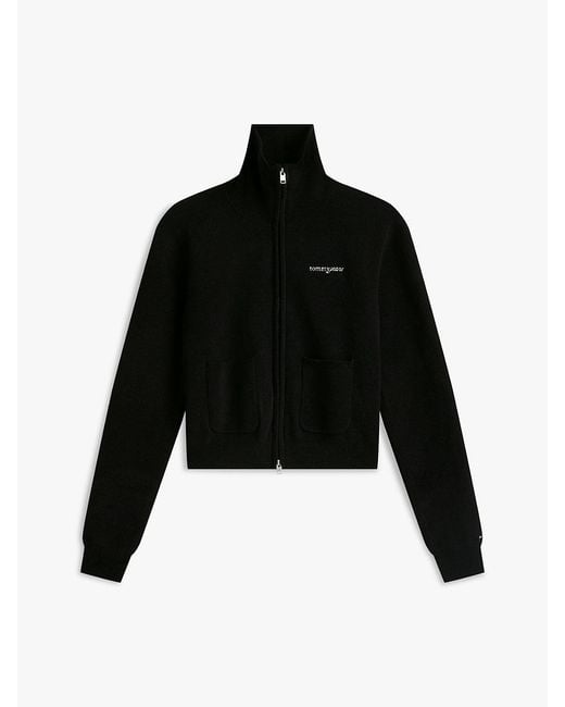 Tommy Hilfiger Black Womens Medium Weight Full Zip Cardigan With Silver Script Logo