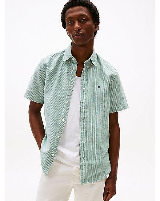 Tommy Hilfiger Gestreept Overhemd Van Linnenmix Met Korte Mouwen in het Green voor heren