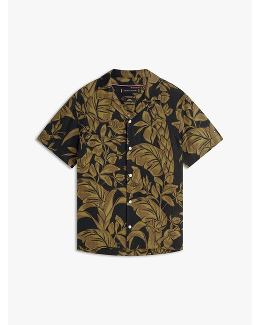 Tommy Hilfiger Green Regular Fit Floral Print Linen Short Sleeve Shirt for men