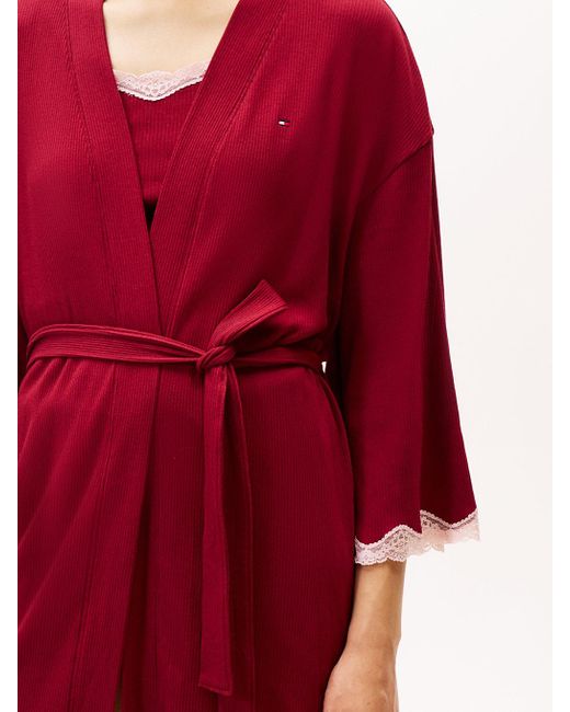 Tommy Hilfiger Red Essential Ribbed Lace Trim Robe