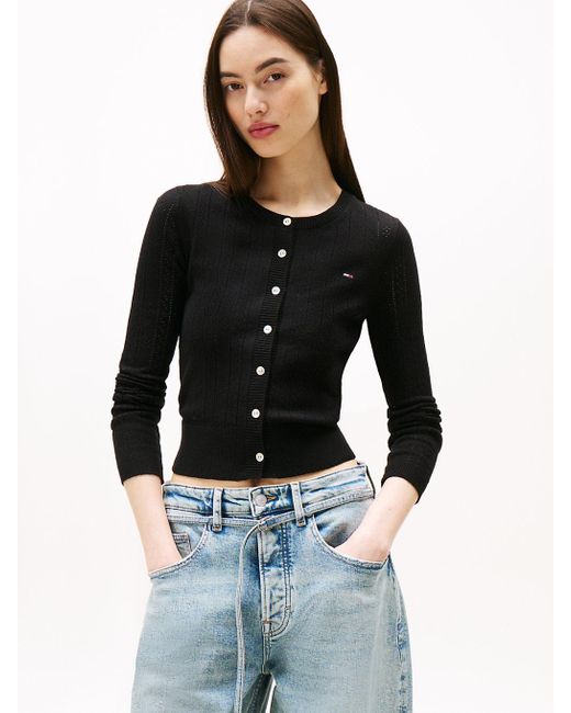 Tommy Hilfiger Black Pointelle Crew Neck Slim Cardigan