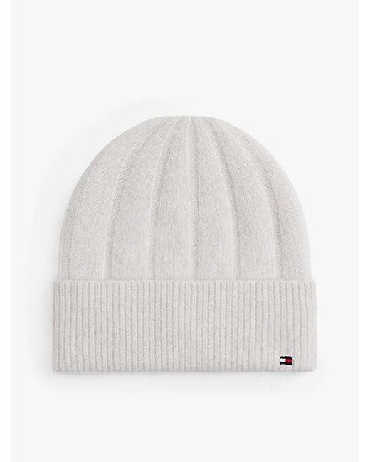 Tommy Hilfiger Fluffy Beanie Met Wol En Hilfiger-Vlag in het White