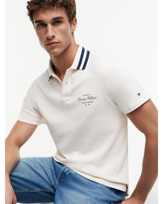 Tommy Hilfiger White Regular Fit Tipped Collar Jersey Polo Shirt for men