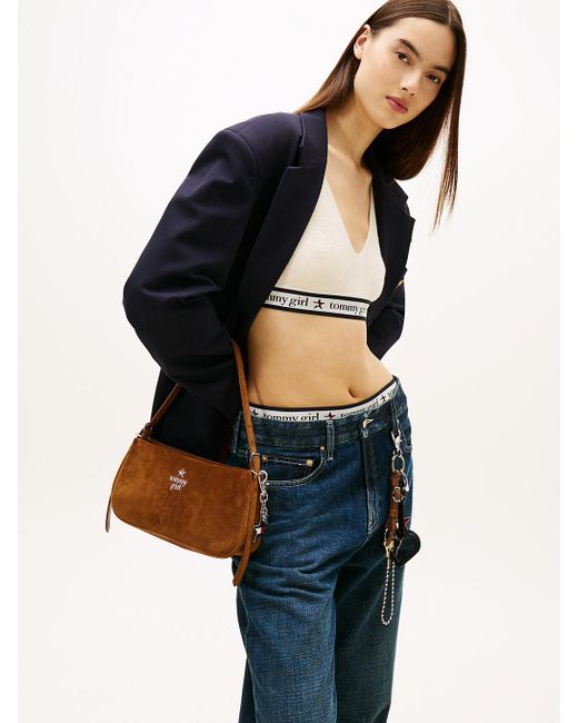 Tommy Hilfiger Brown Tommy Girl Logo Suede Shoulder Bag