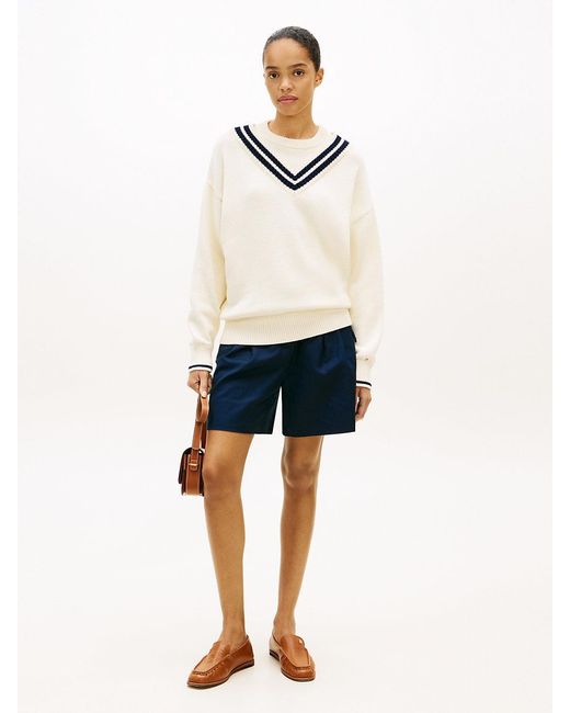 Tommy Hilfiger Natural Double Layered Crew Neck Relaxed Cricket Jumper