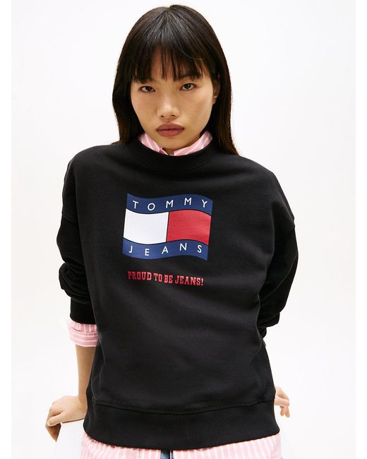 Tommy Hilfiger Black Wavy Flag Sueded Terry Boxy Sweatshirt