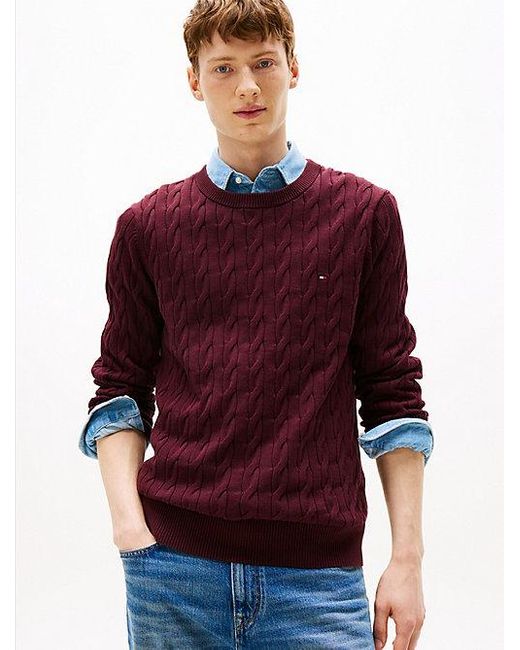 Tommy Hilfiger Kabelgebreide Trui Met Ronde Hals in het Red voor heren