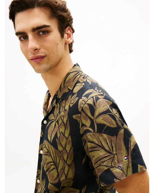 Tommy Hilfiger Green Regular Fit Floral Print Linen Short Sleeve Shirt for men