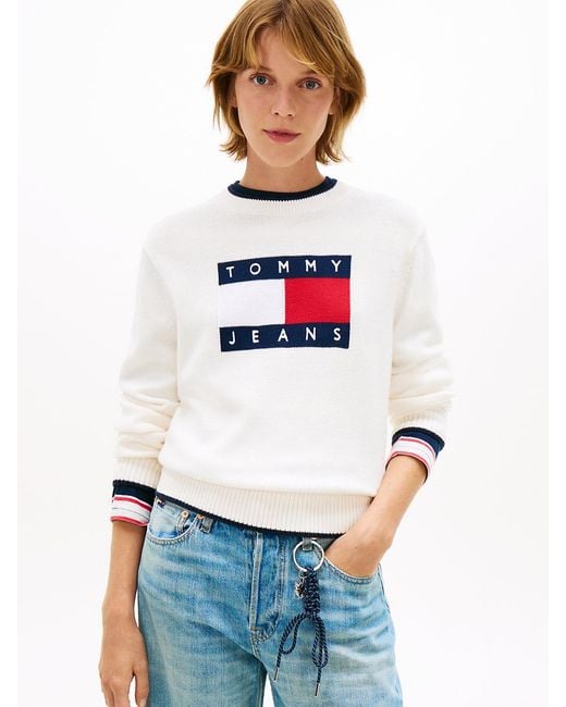 Tommy Hilfiger White Intarsia Flag Badge Tipped Relaxed Jumper