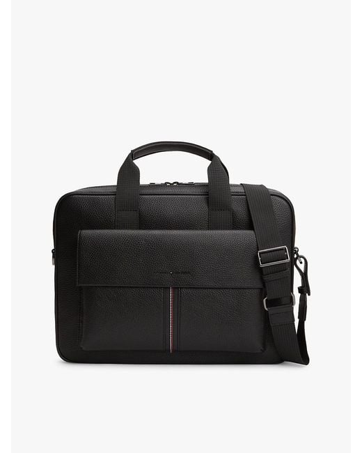 Tommy Hilfiger Black Flap Pocket Pebble Grain Laptop Bag for men