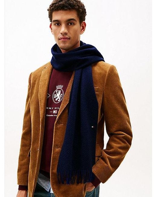 Tommy Hilfiger Visgraat Sjaal Van Zuivere Wol Met Franje in het Blue voor heren