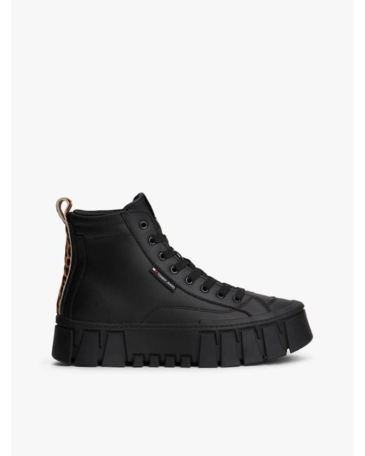 Sneakers Alte Con Suola Carrarmato E Pelle di Tommy Hilfiger in Black