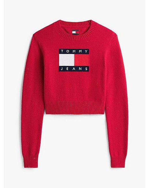Tommy Hilfiger Slim Fit Trui Met Tommy-Vlag En Pailletten in het Red