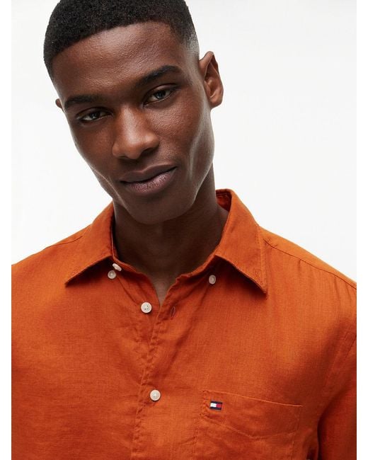 Tommy Hilfiger Orange Regular Fit Washed Pure Linen Shirt for men