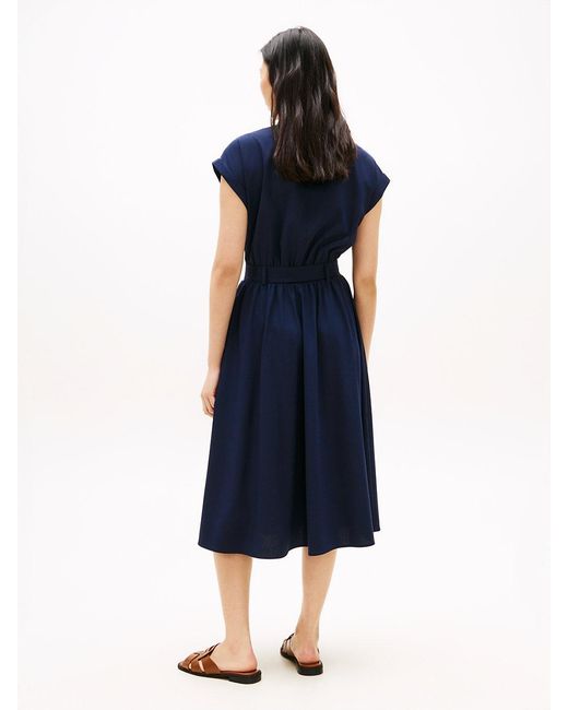 Tommy Hilfiger Blue Belted Relaxed Midi Dress With Wool