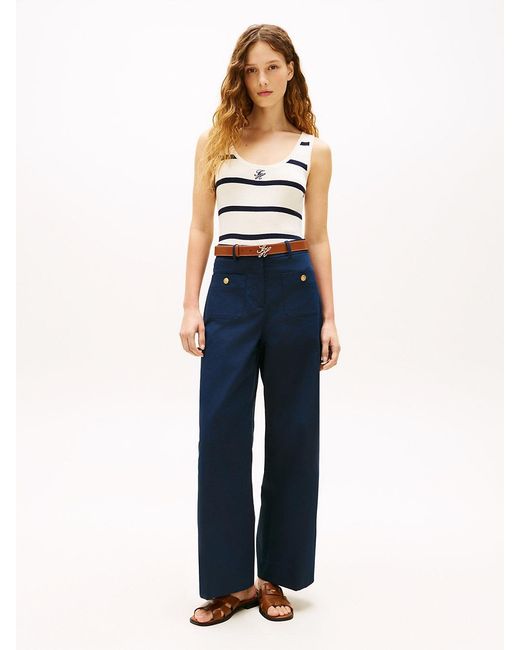 Tommy Hilfiger Blue Crest Embossed Button Wide Leg Chinos