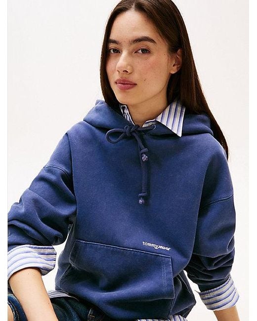 Tommy Hilfiger Gewassen Boxy Fit Hoodie Met Geborduurd Logo in het Blue