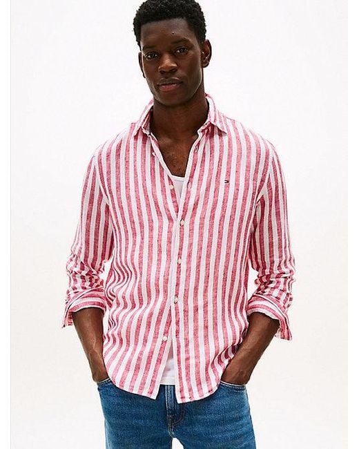 Tommy Hilfiger Gestreiftes Regular Fit Hemd Aus Leinen in Pink für Herren