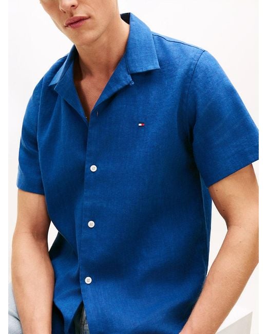 Tommy Hilfiger Blue Regular Fit Linen Blend Short Sleeve Shirt for men
