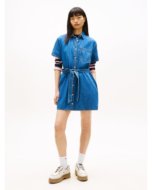 Tommy Hilfiger Blue Chambray Belted Mini Shirt Dress