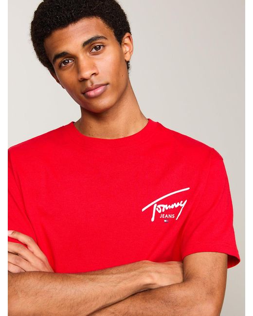 T-shirt à col ras-du-cou et logo signature Tommy Hilfiger pour homme en coloris Red