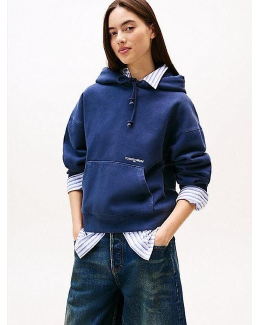 Tommy Hilfiger Gewassen Boxy Fit Hoodie Met Geborduurd Logo in het Blue