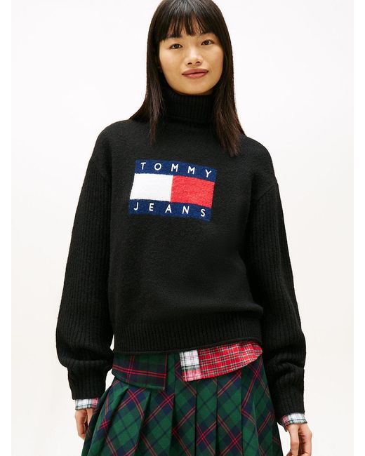 Tommy Hilfiger Black Tommy Flag Intarsia Relaxed Turtleneck Jumper