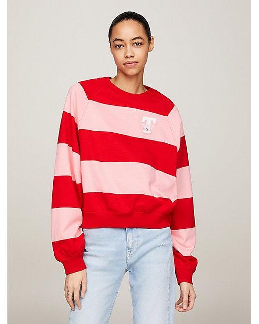 Tommy Hilfiger Red Relaxed Fit gestreiftes College-Sweatshirt