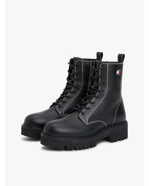 Bottes Mi-Mollet En Cuir À Lacets Crantées Tommy Hilfiger en coloris Black